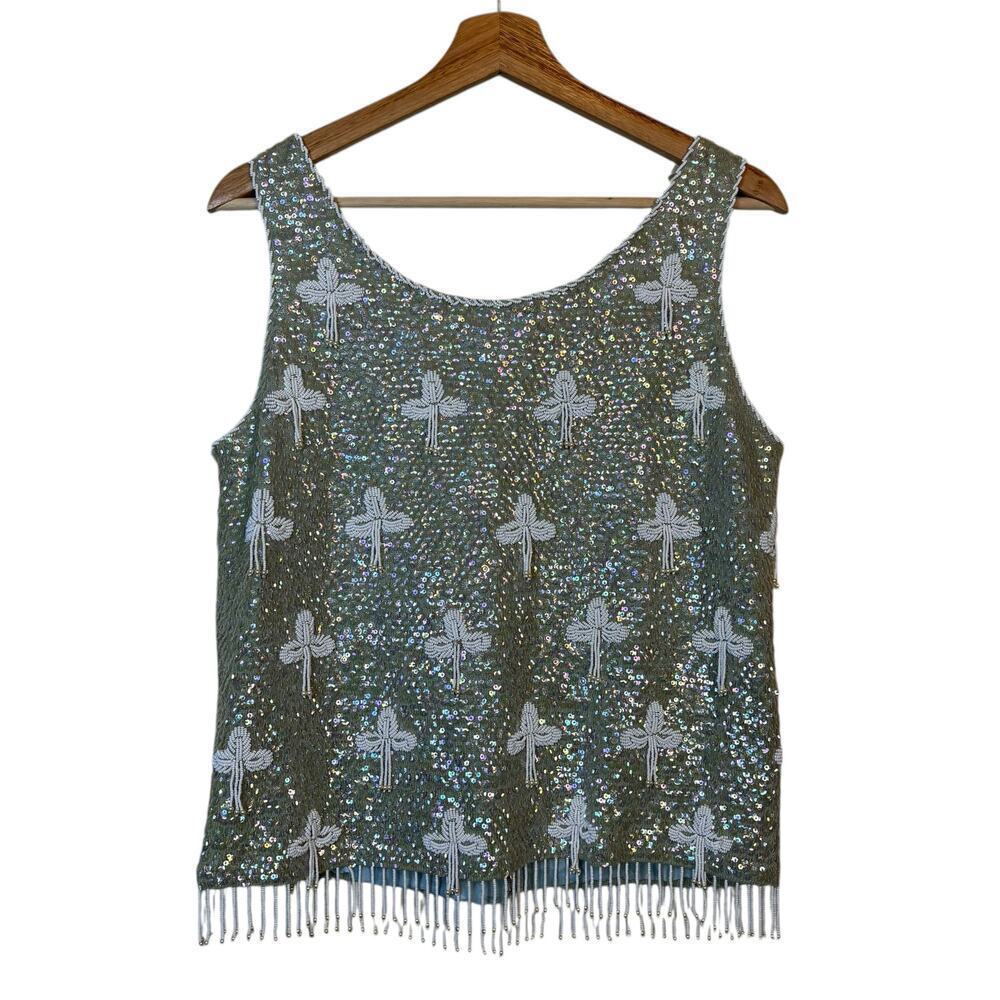 VTG Regalia Imports Floral Beaded Sleeveless Top Small Sequin 100% Wool Fringe